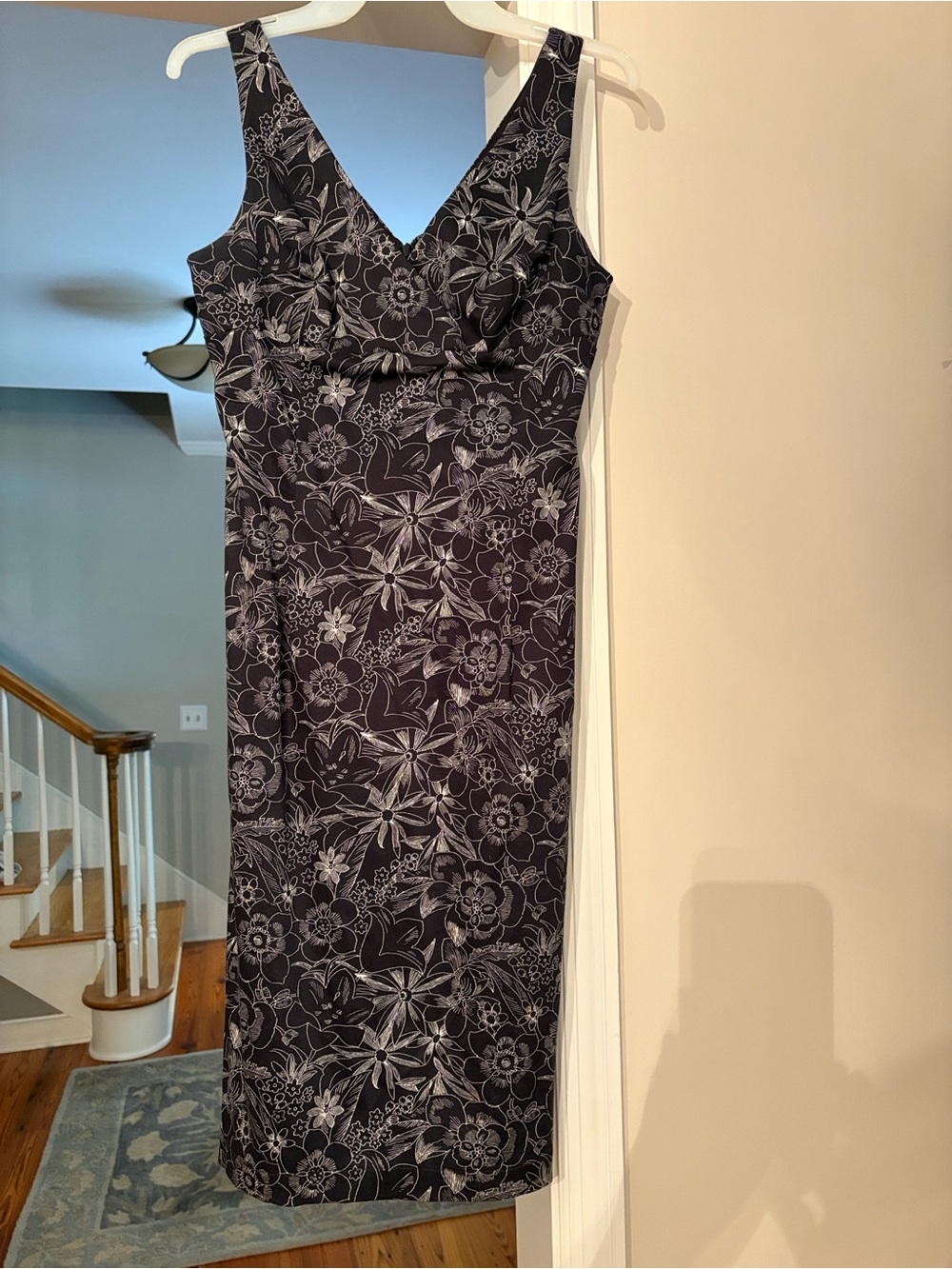 White House Black Market Black and White Floral V-Neck Midi Dress